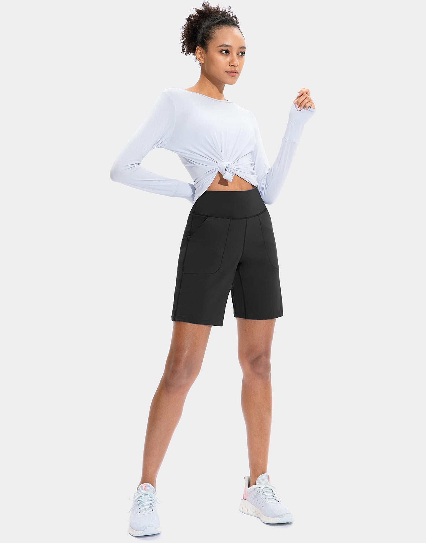 SANTINY Bermuda Shorts for Women with Zipper Pocket Womens High Waisted Long Shorts for Running Workout Athletic(Black_XL)