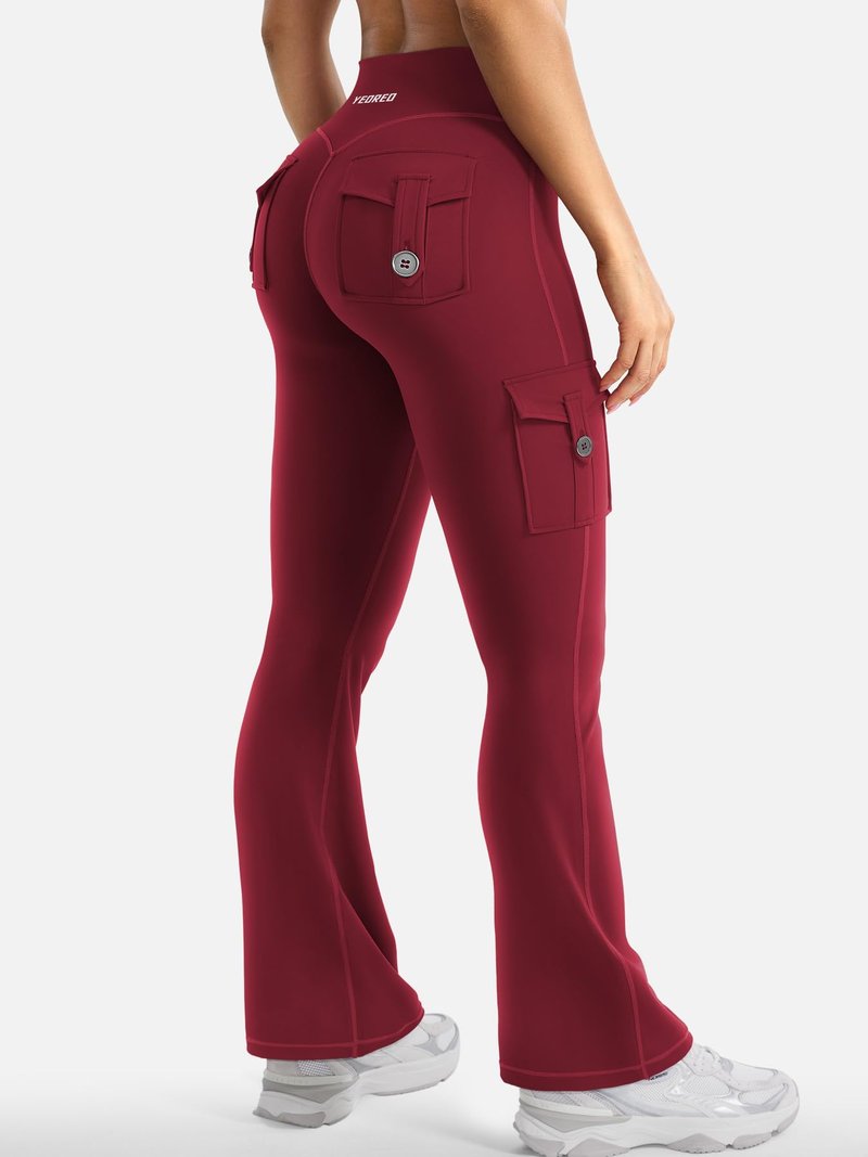 YEOREO CoreFlex Women Workout Flare Leggings with Pockets Scrunch Cargo Gym Yoga Leggings Wine S