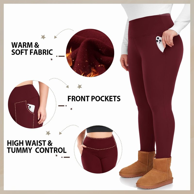 MOREFEEL Plus Size Leggings Fleece Lined with Pockets for Women-XL-4XL Thermal Winter Tummy Control Black Workout Yoga Pants