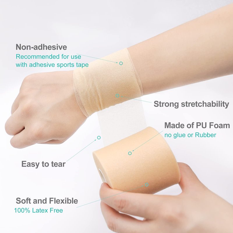 Dimora Pre Wrap Athletic, 4 Rolls Prewrap Headband for Hair, 120 Yards Foam Underwrap Athletic Tape, Best Padding for Underneath Sports Tape, 2.75 Inches x 30 Yards - Beige