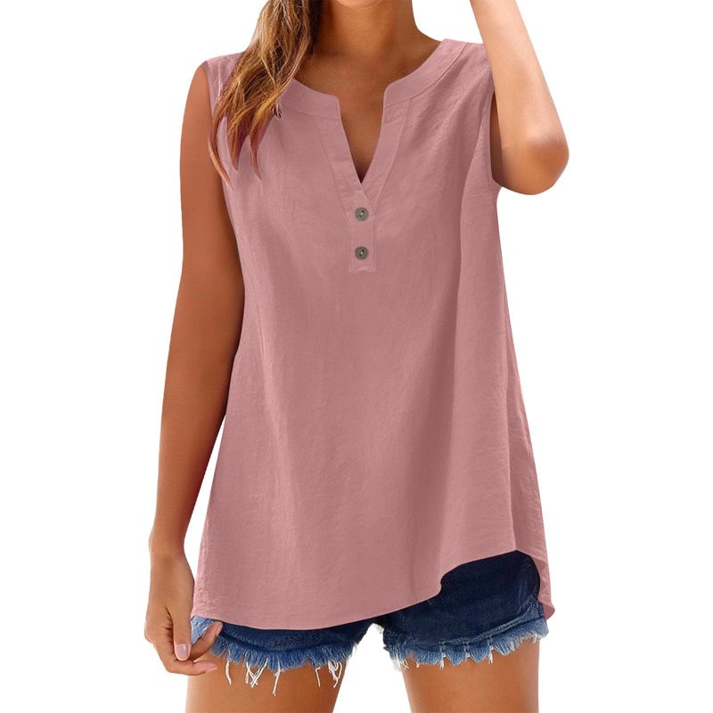 Cotton Linen Tank for Womens V Neck Sleeveless Button Shirt Casual Summer Beach Vacation Blouses Tops Pink