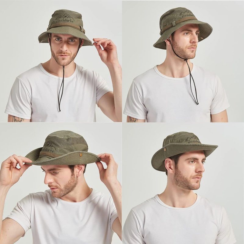 Men's Sun Hat - Cotton Embroidered Wide Brim Bucket Hat for Summer Outdoor Protection | Foldable Safari Style