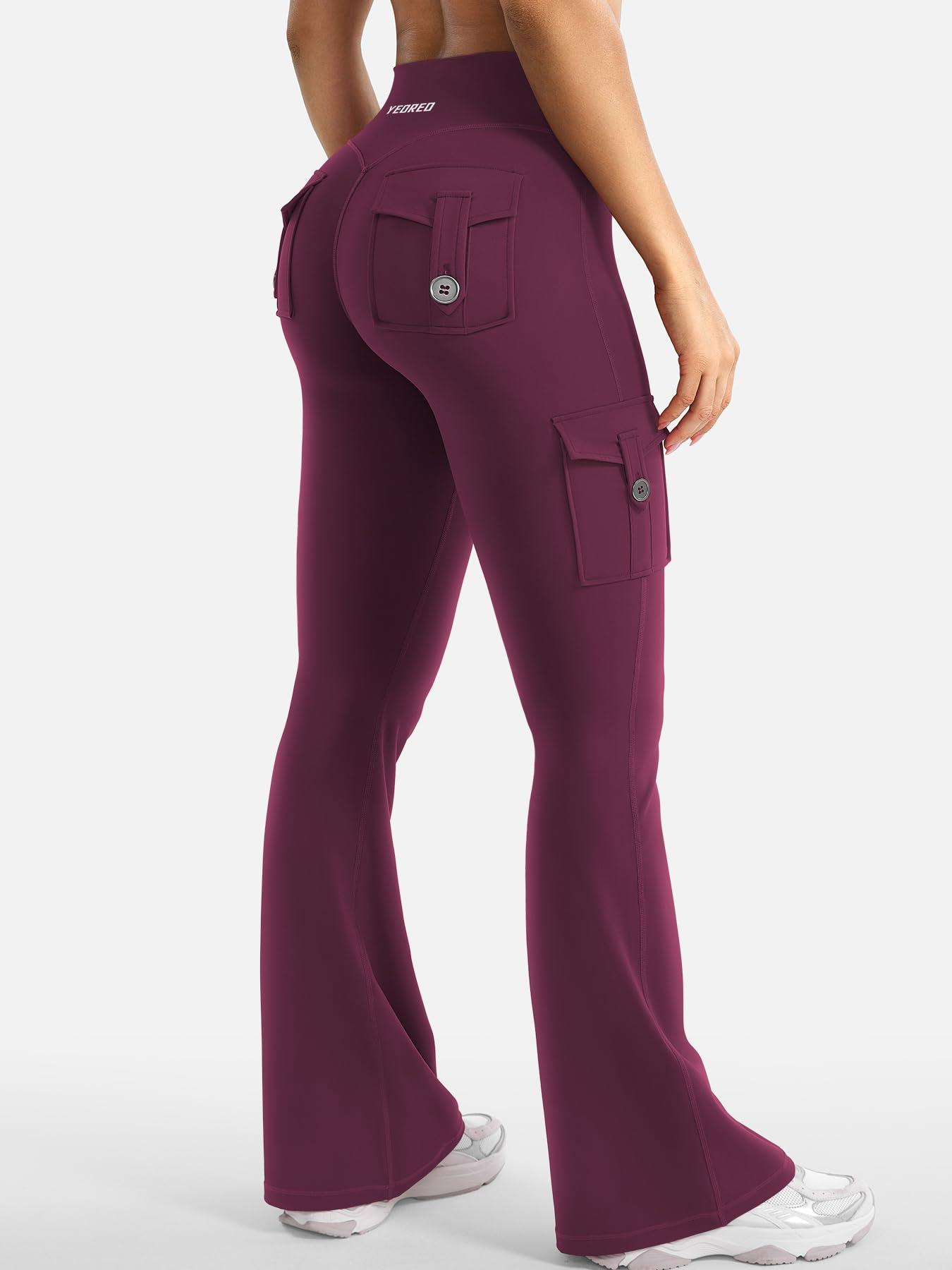 YEOREO CoreFlex Women Workout Flare Leggings with Pockets Hidden Scrunch High Waisted Cargo Gym Yoga Leggings Deep Cherry Red S