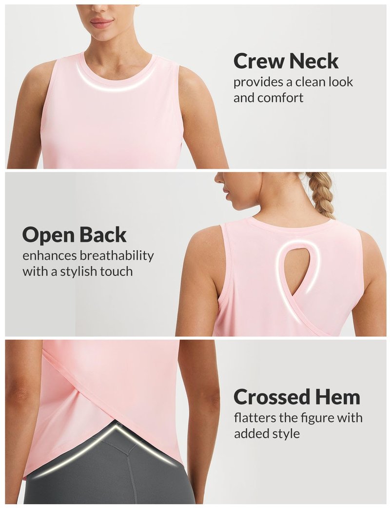 baleaf Women's Workout Tops Athletic Tank Tops Loose Fit Sleeveless Open Back Running Shirts UPF50+ Gym Exercise Yoga Pink M