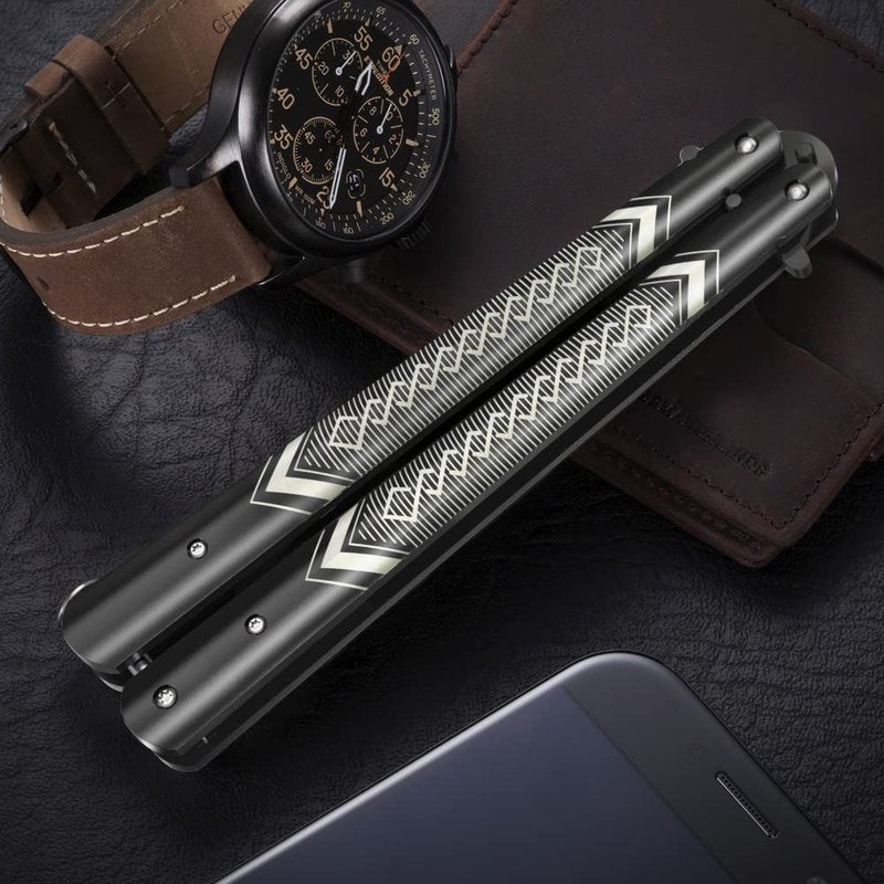 Butterfly Trainer - Practice Balisong - Butterfly Knives NOT Real NOT Sharp Blade - Cool Design - Black Dull Trick - Butter Fly Training - CSGO Fidget Toy - Gift for Husband, Father, Son, Teens K14B