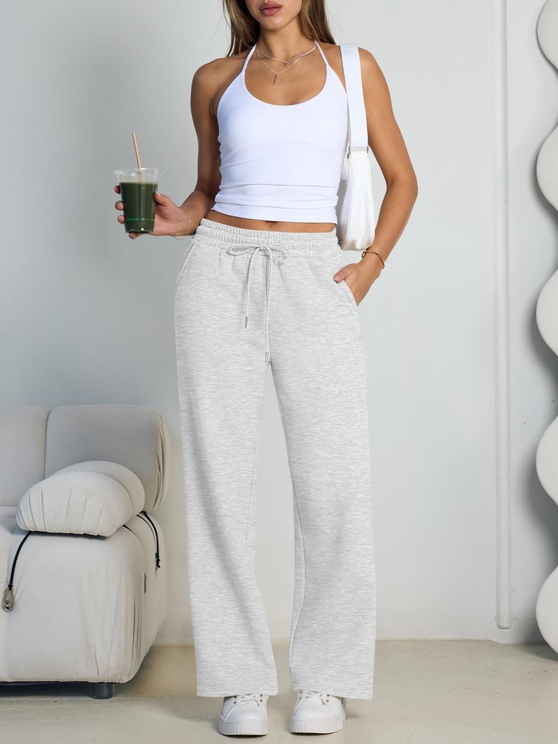 Trendy Queen Womens Wide Leg Fleece Lined Sweatpants Winter Lounge Travel Pants Fall Fashion Outfits 2026 Baggy Joggers Clothes with Pockets Grey XS