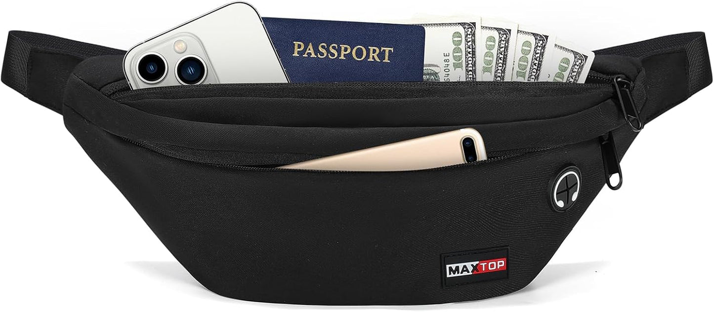 MAXTOP Large Black Fanny Pack - Versatile Crossbody Waist Bag for Hiking, Cycling & Travel | Adjustable Strap