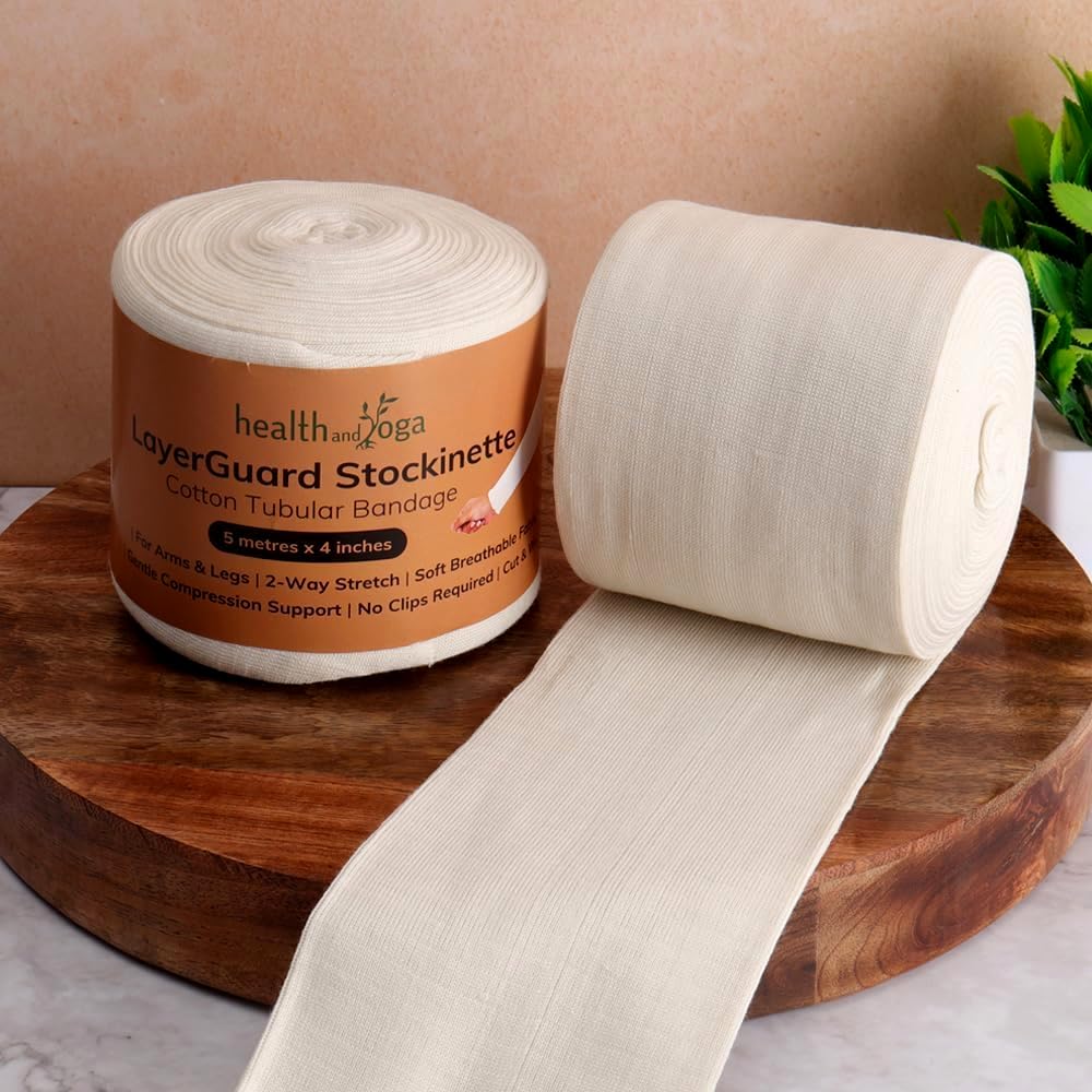 LayerGuard Cotton Stockinette Sleeve Roll, Stretchable Raw Cotton – Comfort wear, Sweat Absorbent Tubular Bandage – Prevents Residue Build up - Under-Over Cast Sleeve Bandage Wear (Off-White, 4 Inch)