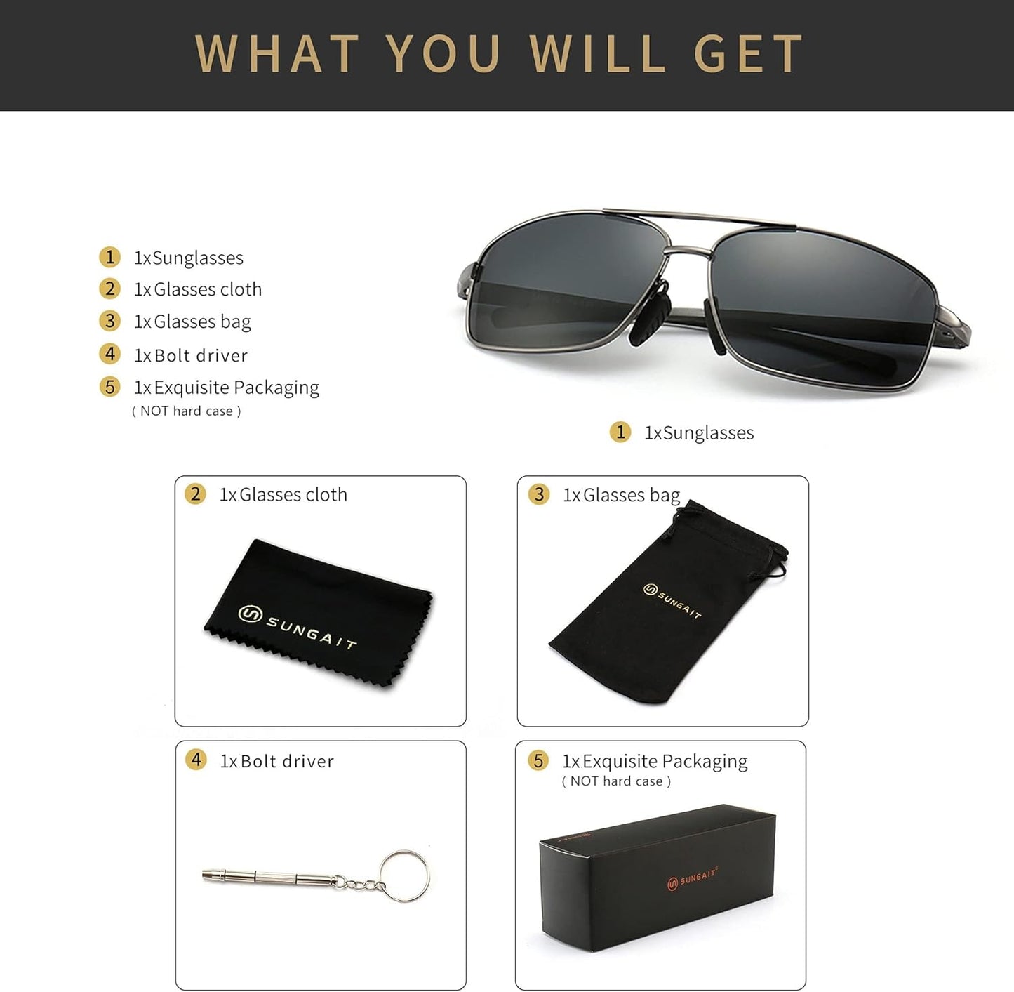 SUNGAIT Ultra Lightweight Polarized Sunglasses for Men - UV400 Protection, Stylish Rectangular Design