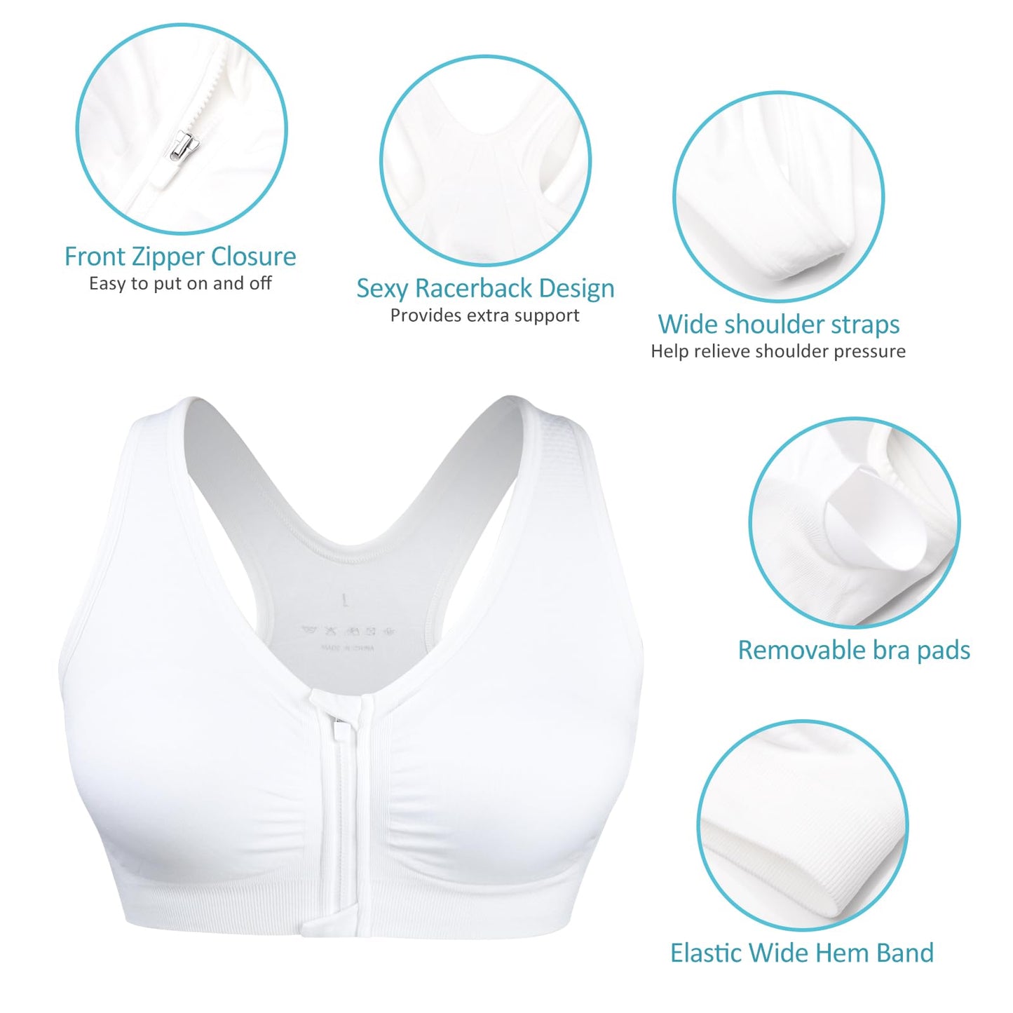 Women's Zip Front Sports Bra Wireless Post-Surgery Bra Workout Sports Bras