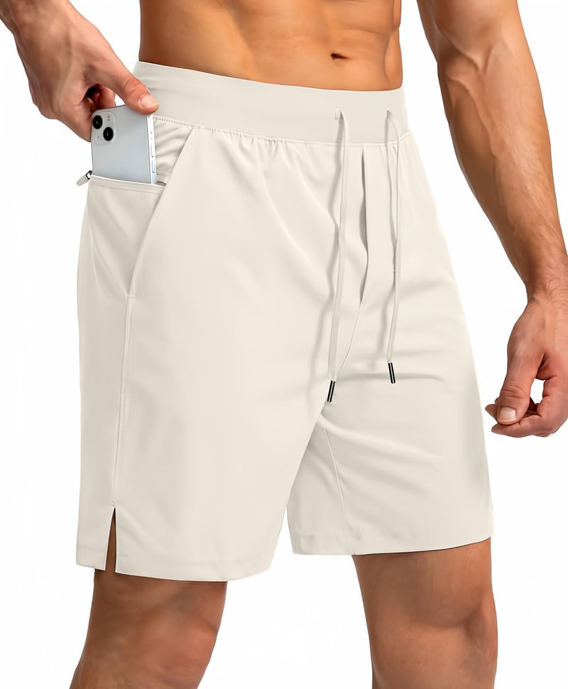 Soothfeel Men's Running Shorts with Zipper Pockets 7 Inch Lightweight Quick Dry Gym Athletic Workout Shorts for Men (Bone, XS)