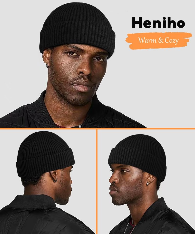 Heniho Wool Fleece Lined Fisherman Beanie for Men, Winter Warm Hats Cuffed Knit Watch Cap Trawler Hat, I