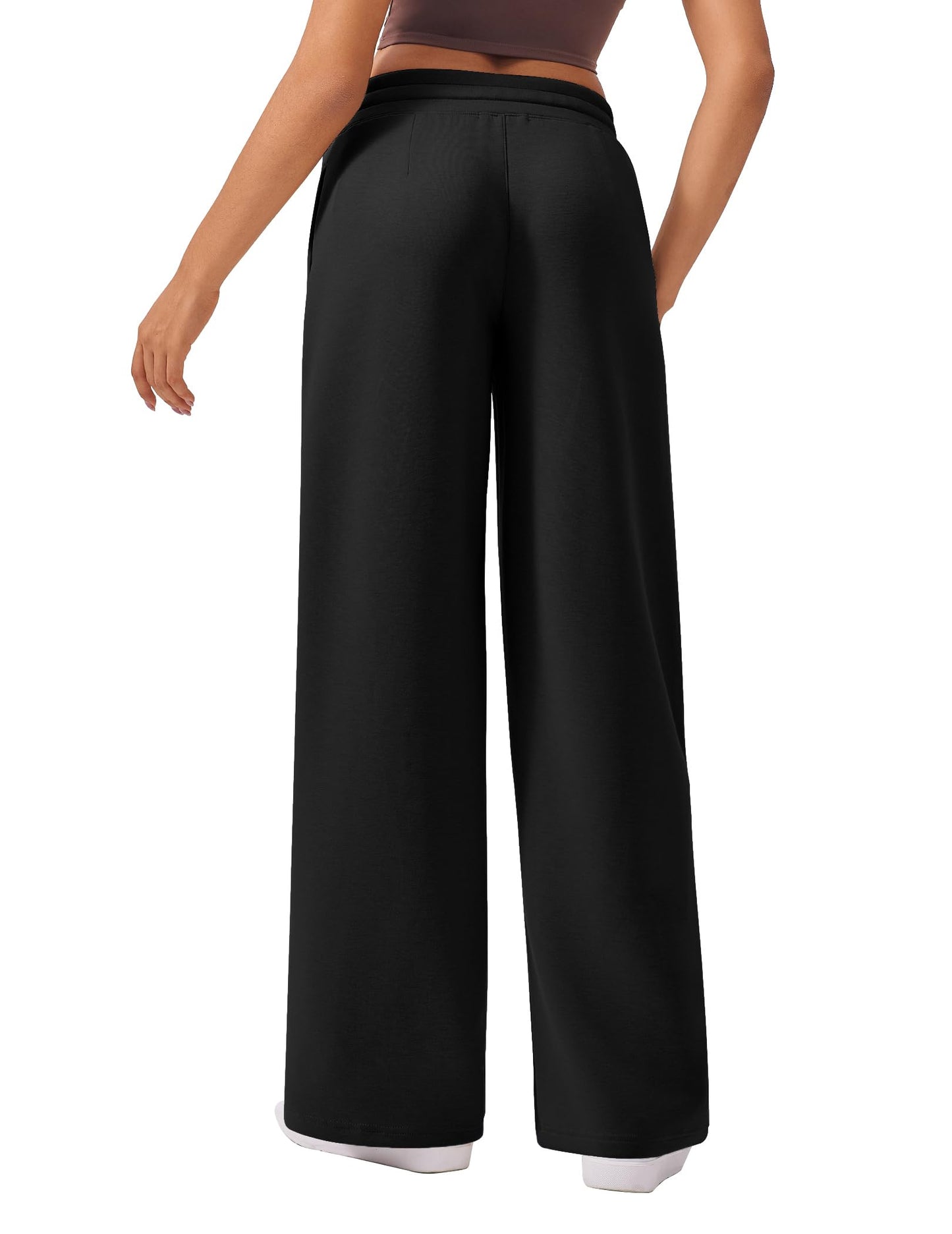 PINSPARK Women Wide Leg Sweatpants Elastic High Waisted Drawstring Casual Pants Straight Leg Long Pant with Pockets Black M
