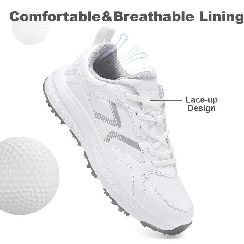 DARIBOM Mens Golf Shoes Spiked Non Slip Waterproof Golf Sneakers with Leather Upper Size 10.5(White)