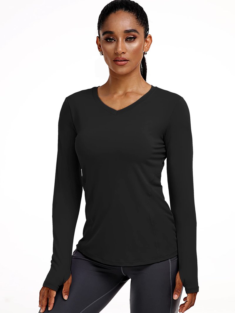CADMUS Women's V-Neck Workout Shirts Long Sleeve Yoga Top Athletic Running T Shirt,Black, Grey, Navy Blue,Medium