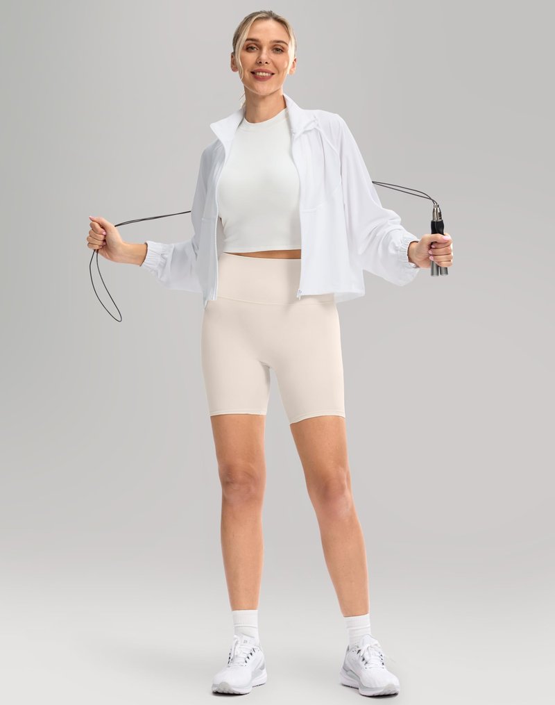 Soothfeel Women's Athletic workout Jacket Lightweight UPF 50+ Long Sleeve Sun Protection Shirts Zip Up Cropped Hiking Tops (White, M)
