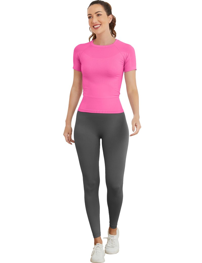MathCat Short Sleeve Workout Tops for Women, Seamless Women's Compression Shirt, Yoga Running Athletic Shirts Soft Gym Tops Hot Pink