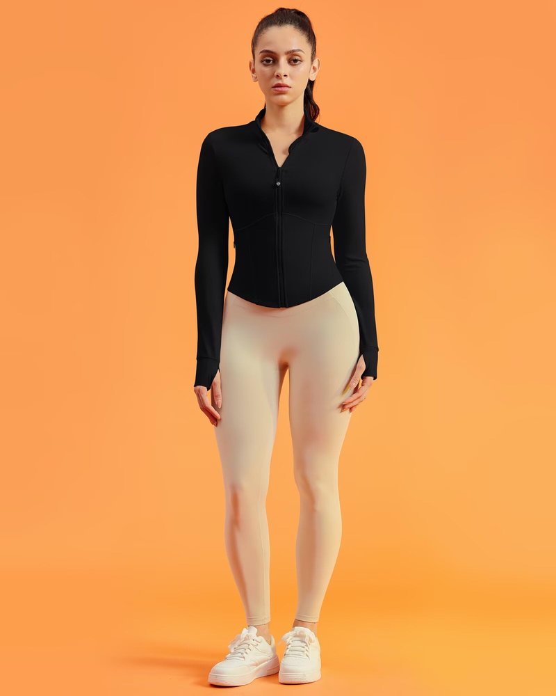 Queenie Ke BareLuxe Corset BBL Jacket for Women Zip Up Waist-Length Cropped Running Workout Athletic Top with Thumb Holes (Black, Medium)