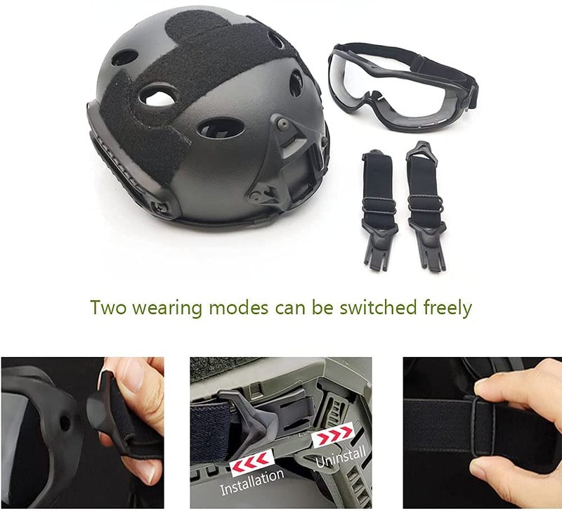 PJ Type Tactical Airsoft Fast Helmet and Foldable Half Face Mesh Guard with Ear Protection Adjustable Chin Strap Full Face Protection Set for Paintball BB Gun