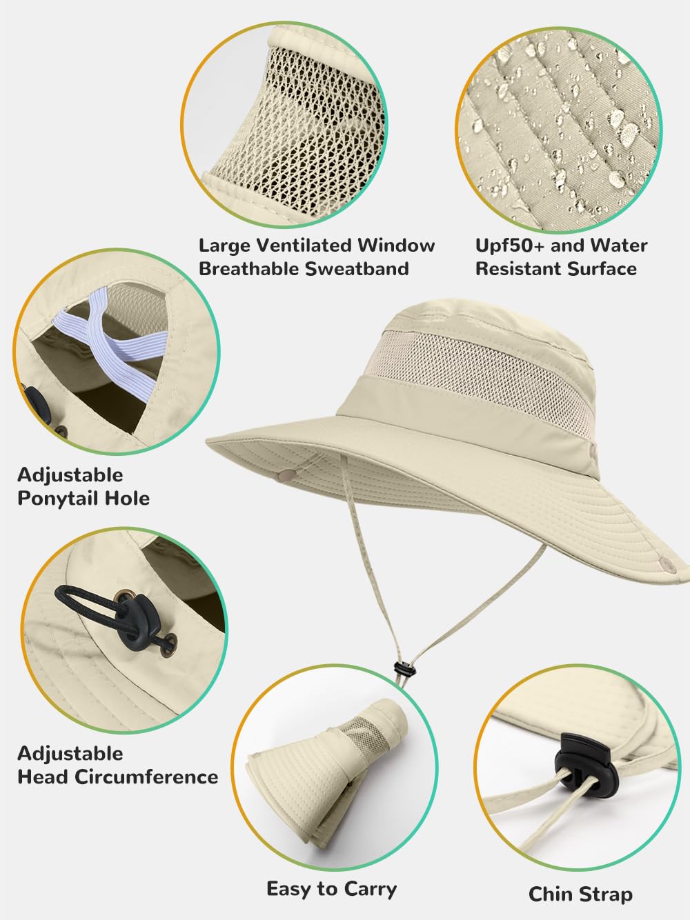 EW East Water Sun Beach Hat for Women, UPF50+ Waterproof with Ponytail Hole