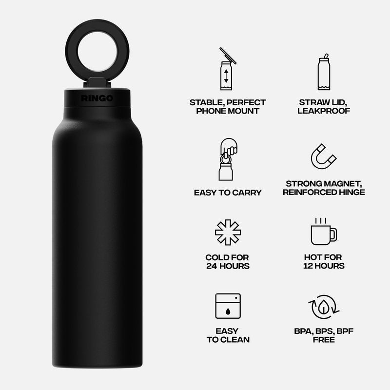 RINGO PRO Water Bottle with Magnetic Phone Mount & Sip Straw Lid - Insulated Stainless Steel Bottle for Workouts, Content Creation, Navigation & Facetime on the Go, 12Hrs Hot/24Hrs Cold Black-24oz