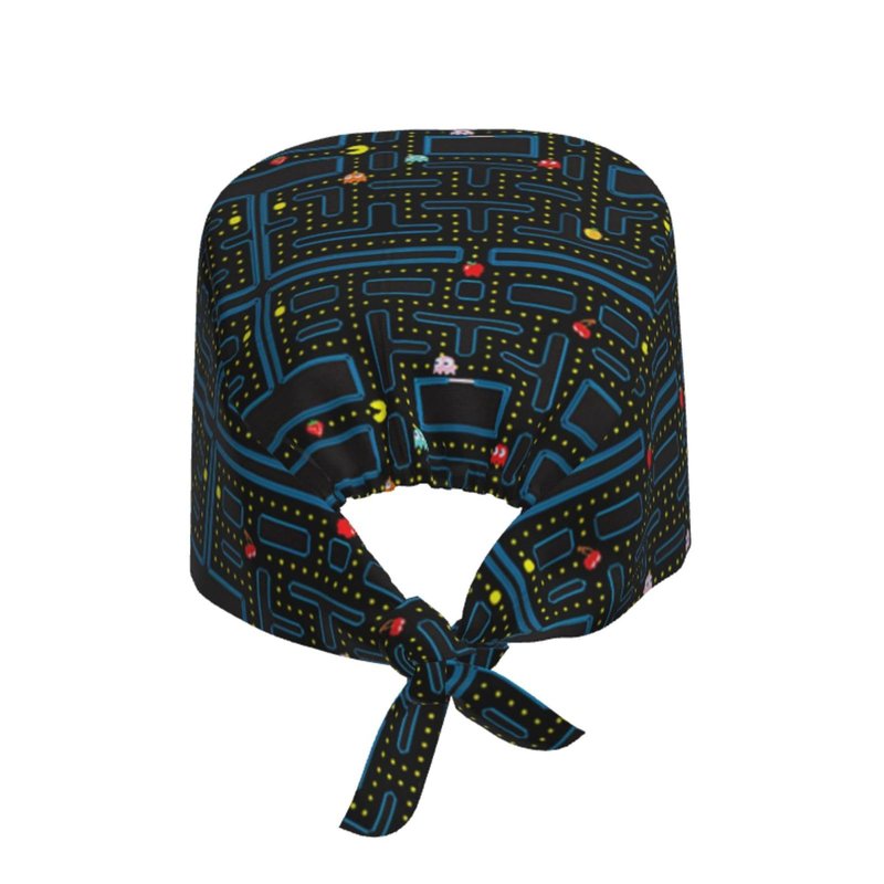 Retro Video Game Pattern Working Cap Scrub Cap with Sweatband,Adjustable Fashion Elastic Bandage Tie Back Hat Headwear Printed for Women Men