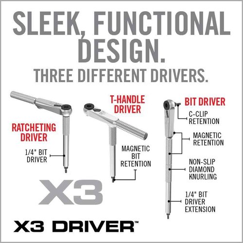 Real Avid X3 Ratcheting Screwdriver Set with 13 Bits, 3-in-1 Driver, T-handle & Extension - Includes 4 Hex 4 Torx 3 Metric 4 Standard Hex & Phillips