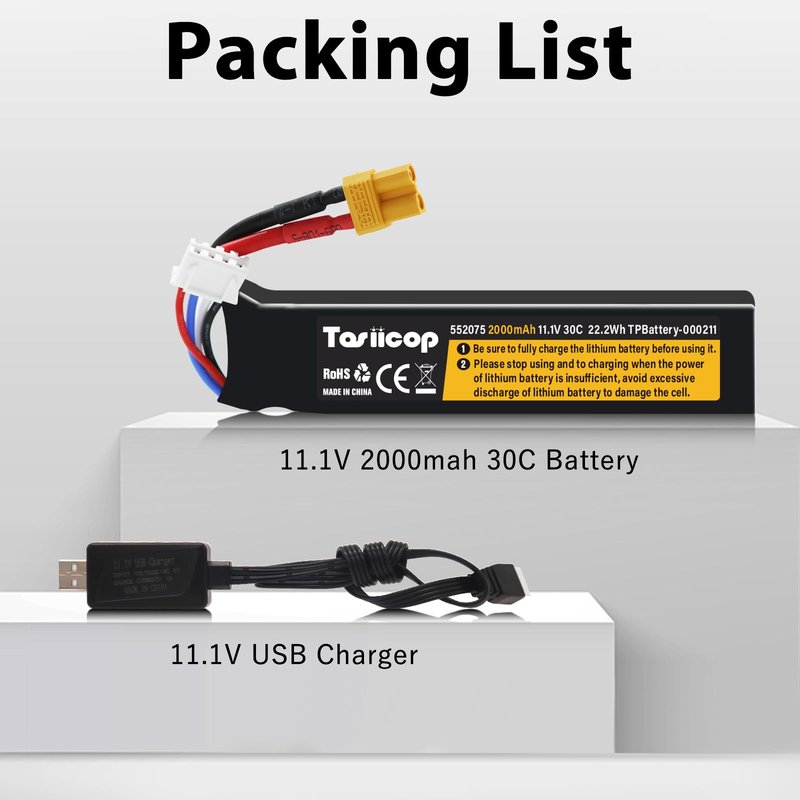 Tosiicop Airsoft Gel Blaster Battery - 11.1V 2000mAh Airsoft Lipo Batteries 3S for Water Bead Splat Ball Splatter XT-30 Plug with XH-4P Connector Rechargeable Charging Cable