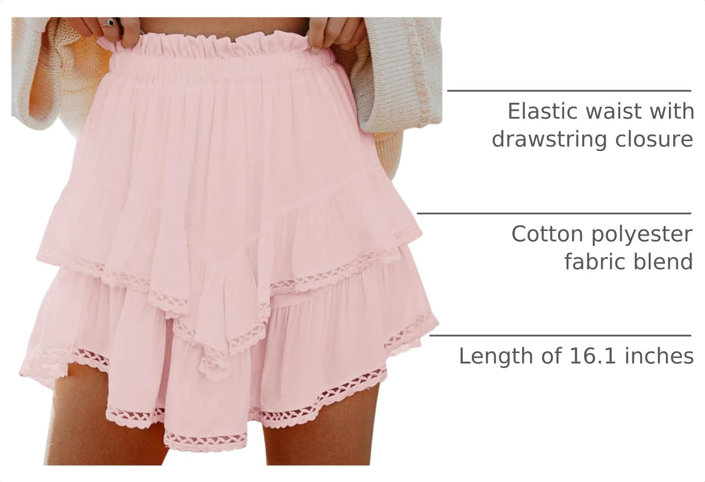Aoudery Flowy Shorts for Women Casual Boho Ruffle Tiered Skorts High Waist Mini Skirts Golf Tennis Butterfly Crochet Shorts - All Peach XS
