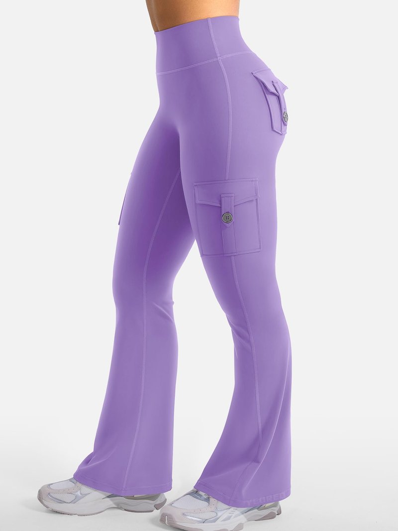 YEOREO CoreFlex Women Workout Flare Leggings with Pockets Hidden Scrunch High Waisted Cargo Gym Yoga No Front Seam Leggings Purple S