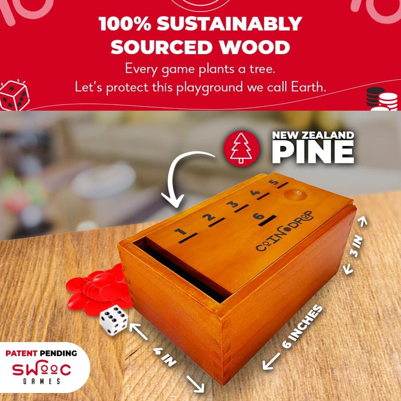 SWOOC Games - Coin Drop™ | Simple + Strategic Dice Games for Families with Coins Included for 2-6 Players | Works W/Pennies Too | Get Rid of Coins to Win | Board Games for Kids | Penny Game Wood Box