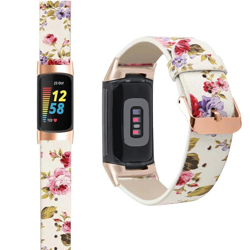 Abanen Leather Bands for Fitbit Charge 5, Floral Print Soft Leather Women Wristband Strap with Stainless Steel Quick Release Compatible with Fitbit Charge 5 (White)