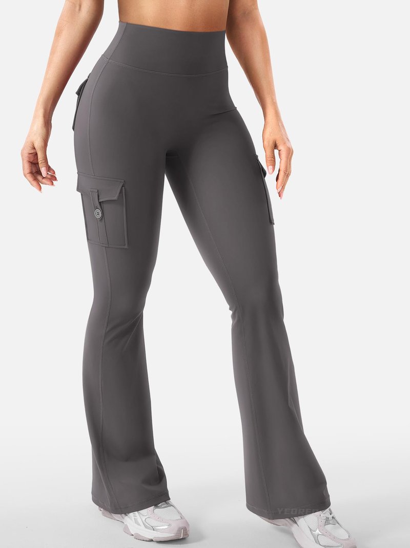 YEOREO CoreFlex Women Workout Flare Leggings with Pockets Hidden Scrunch High Waisted Cargo Gym Yoga Leggings Dark Grey S