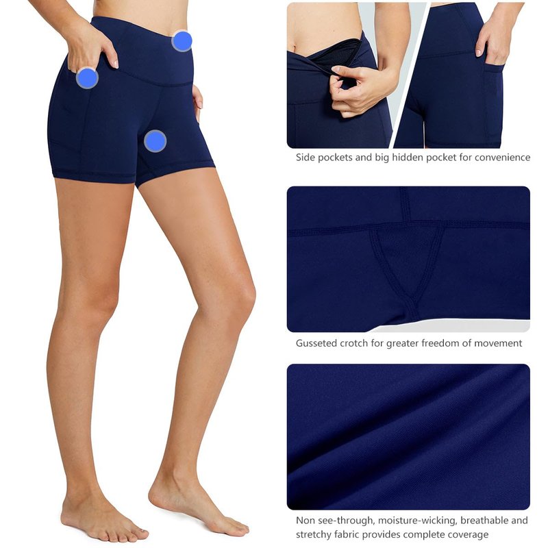 baleaf Biker Shorts Women Yoga Gym Workout Spandex Running Volleyball Tummy Control Compression with Pockets 8" 2-Pack Black/Navy Blue L