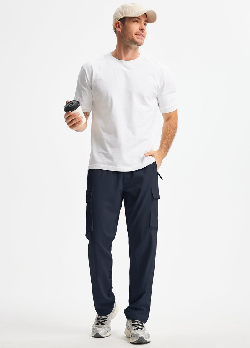 Men's Elastic Waist Hiking Pants Lightweight Quick Dry Cargo Track Pants Water Resistant Travel Outdoor Sweatpants Jogging Athletic Clothes with Zipper Pockets Navy Blue L