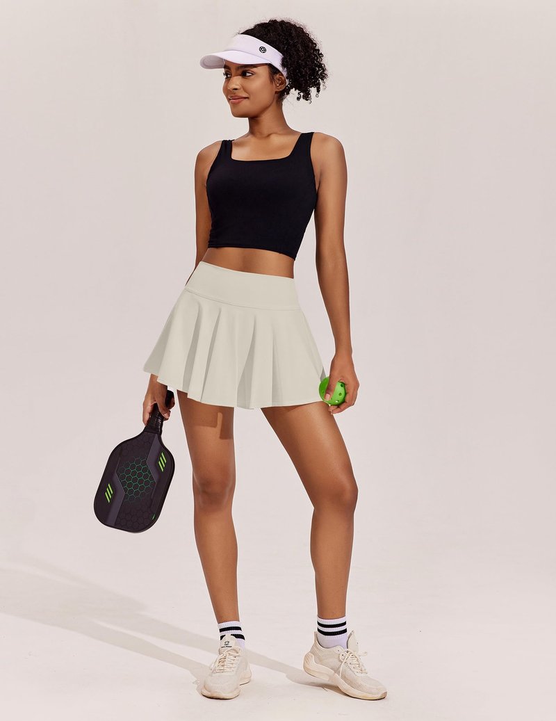 PINSPARK 14" Skorts for Woman Pleated Athletic Skirts with Pockets Mini Golf Skirt Lightweight Active Skirt, Bone White XL