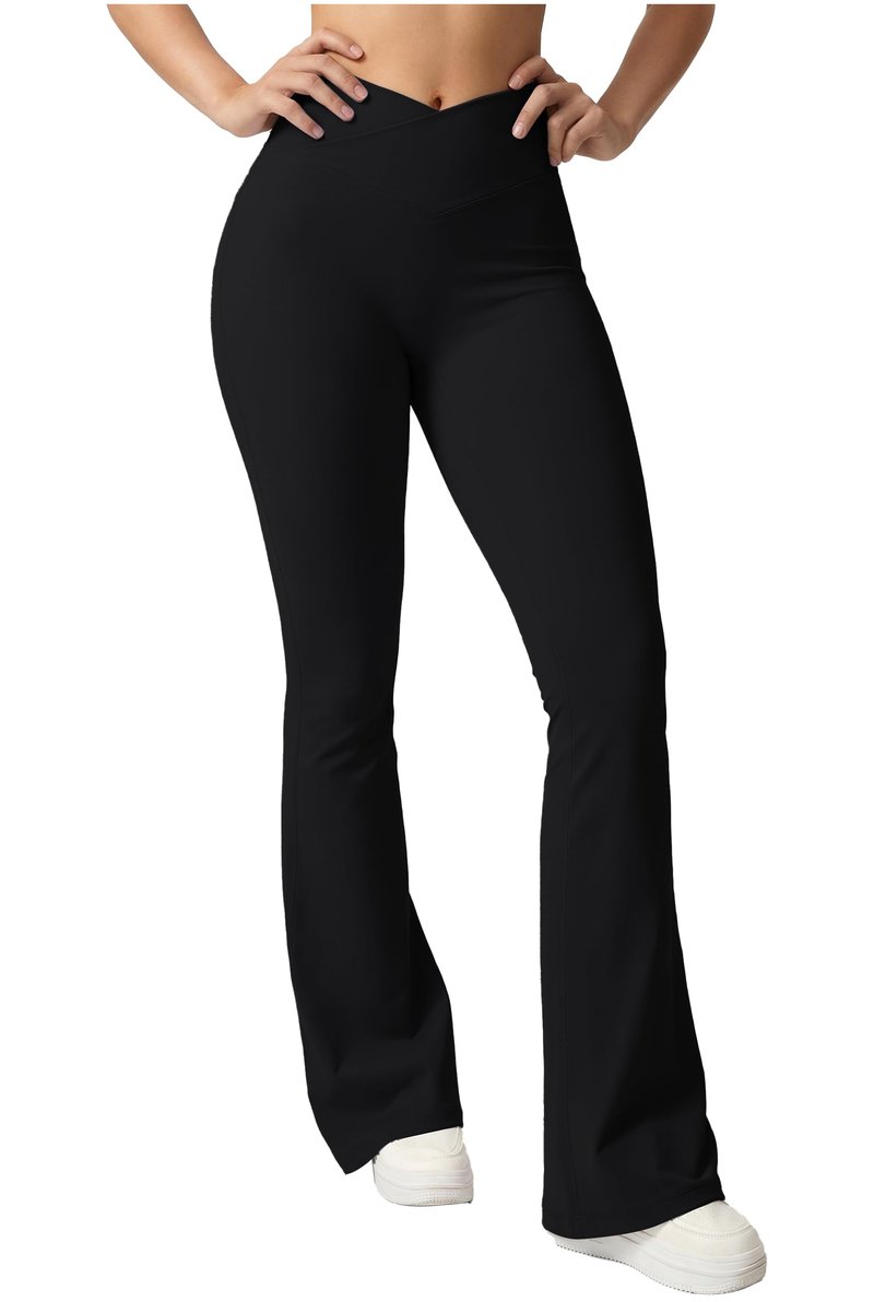 AUROLA Fire Flare Leggings for Women, Crossover High Waisted Yoga Pants Tummy Control Wide Leg Bootcut Leggings-30 Inseam(Black,M)