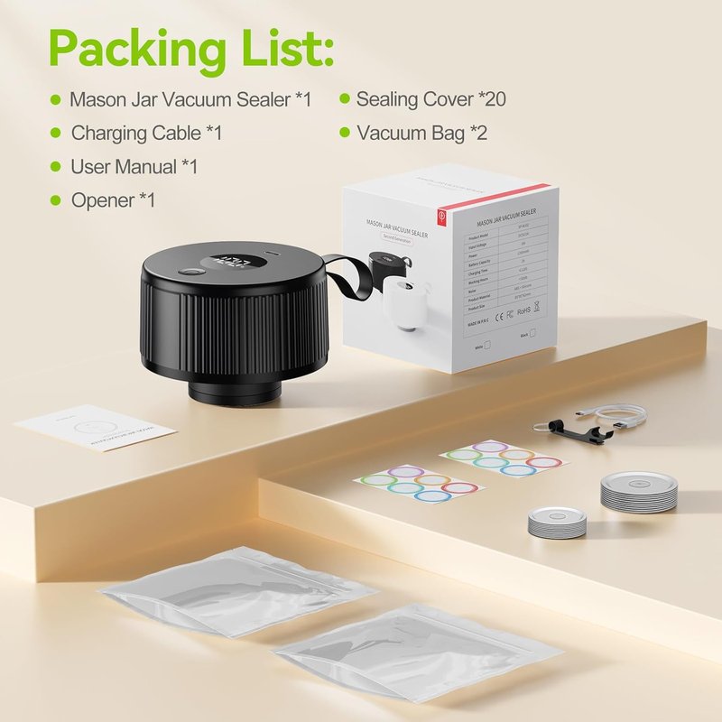 Electric Mason Jar Vacuum Sealer - Upgraded Handheld Auto-Vacuum Seal Kit | Fits Wide & Regular Mouth Jars, Containers & Bags