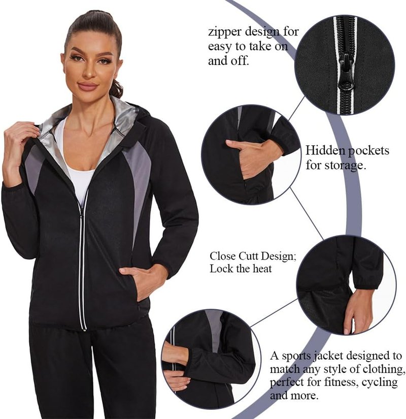 Sauna Jacket for Women - Workout Sweat Long Sleeve Gym Top | Body Shaper Zipper Design