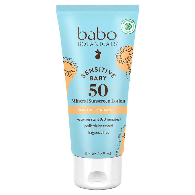 Babo Botanicals Sensitive Baby Mineral Sunscreen Lotion SPF50 - Natural Zinc Oxide - Face & Body - Fragrance-Free - Water-Resistant - EWG Verified - Vegan - Extra Sensitive Skin - For Babies & Kids