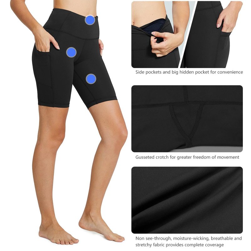 baleaf Biker Shorts Women Yoga Gym Workout Spandex Running Volleyball Tummy Control Compression with Pockets 8" 2-Pack Black/Black XL