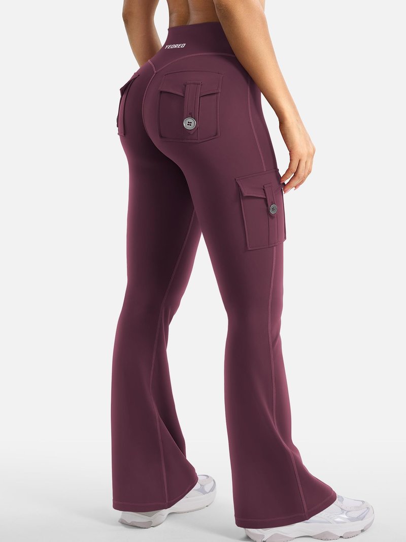 YEOREO CoreFlex Women Workout Flare Leggings with Pockets Hidden Scrunch High Waisted Cargo Gym Yoga No Front Seam Leggings Black Cherry L