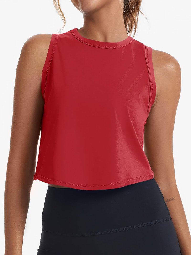 Fisoew Womens Workout Cropped Tank Tops Racerback Sleeveless Crewneck Running Yoga Active Shirts Red