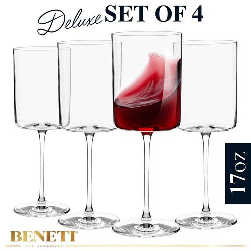BENETI Square Crystal Wine Glasses Set Of 4 - European-made Handblown 14 oz Gift Packed Glasses - Large White & Red Wine Goblets W/Laser-cut Rim, Dishwasher-safe Clear glass gifts Set