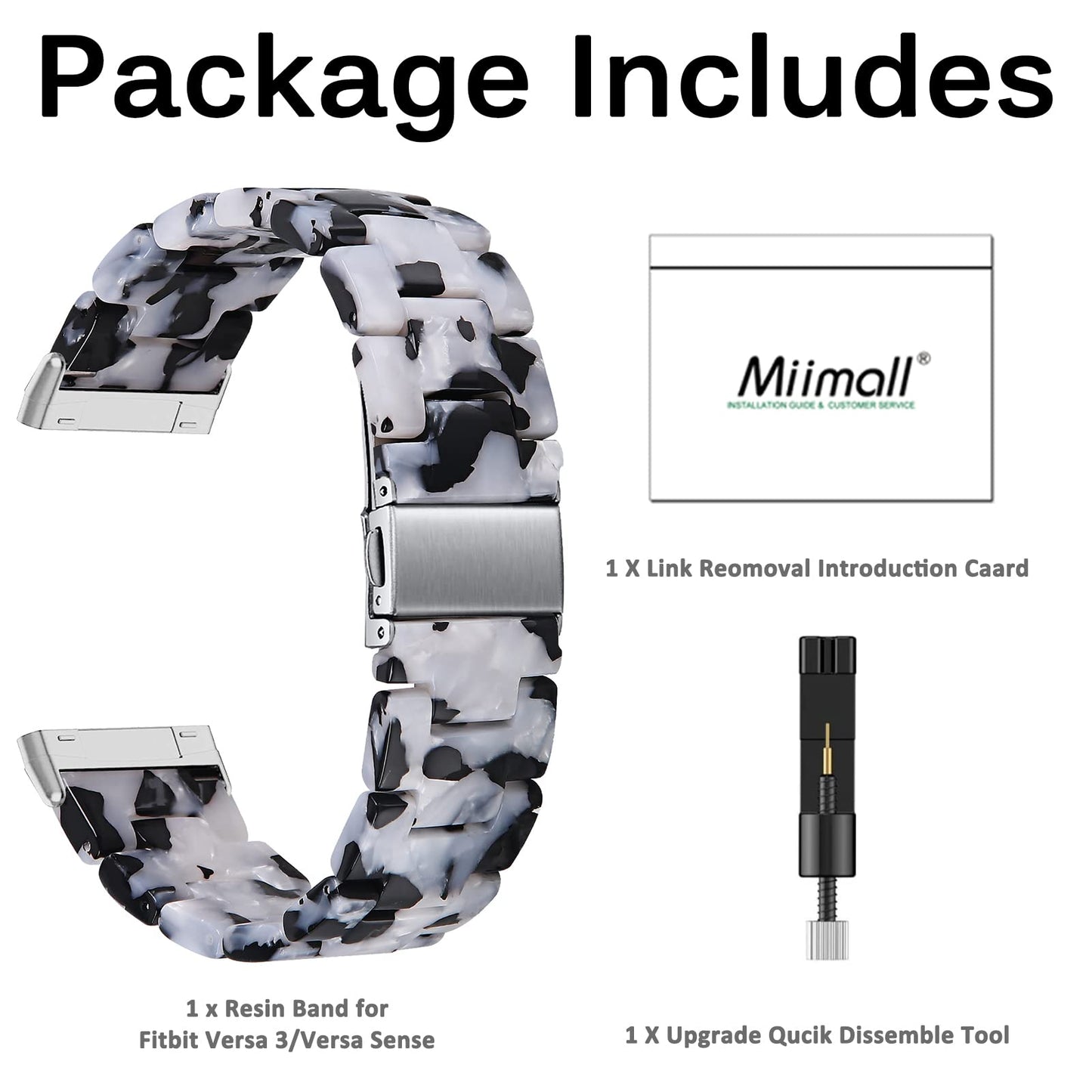 Miimall Compatible for Fitbit Versa Sense Strap, Versa 3 Resin Band Stylish with Stainless Steel Clasp Replacement Bands Straps for Fitbit Versa Sense Versa 3 Trackers(Black&White)