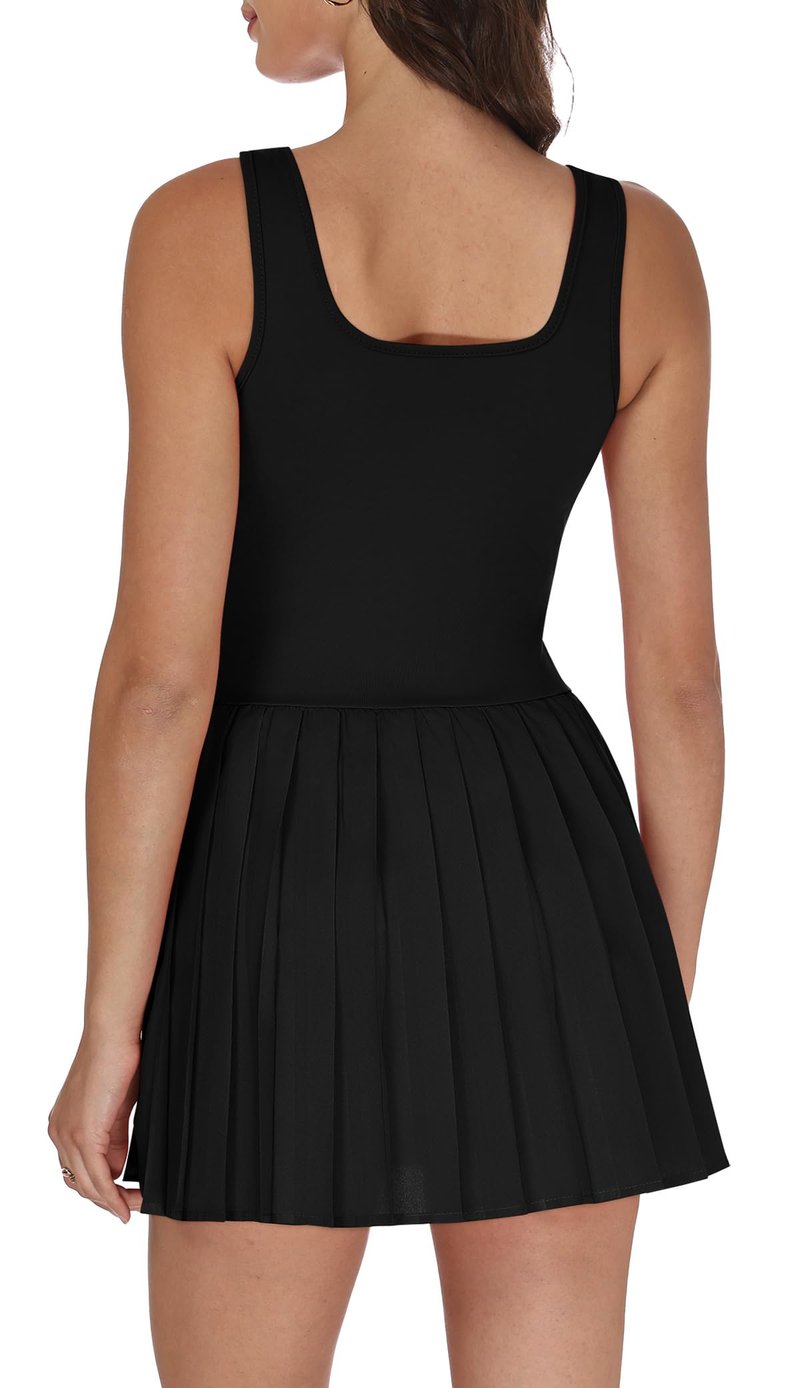 NIASHOT Summer Black Dresses for Women 2026 Athletic Dress with Shorts Sundresses Spring Tennis Dress Mini Graduation Pleated Rompers Pilates Outfits Fitness Fashion Clothing M