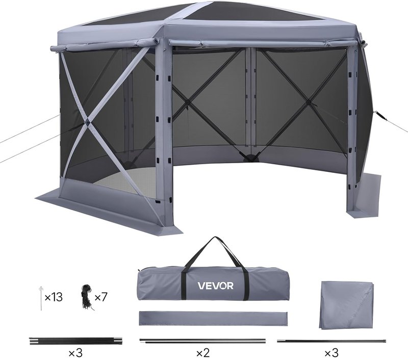 Pop Up Gazebo Screen Tent - 12x12 ft Large 6-Sided Canopy with Removable Top | Quick-Set, Bite-Proof Sun Shelter for 8-10 Persons, Grey