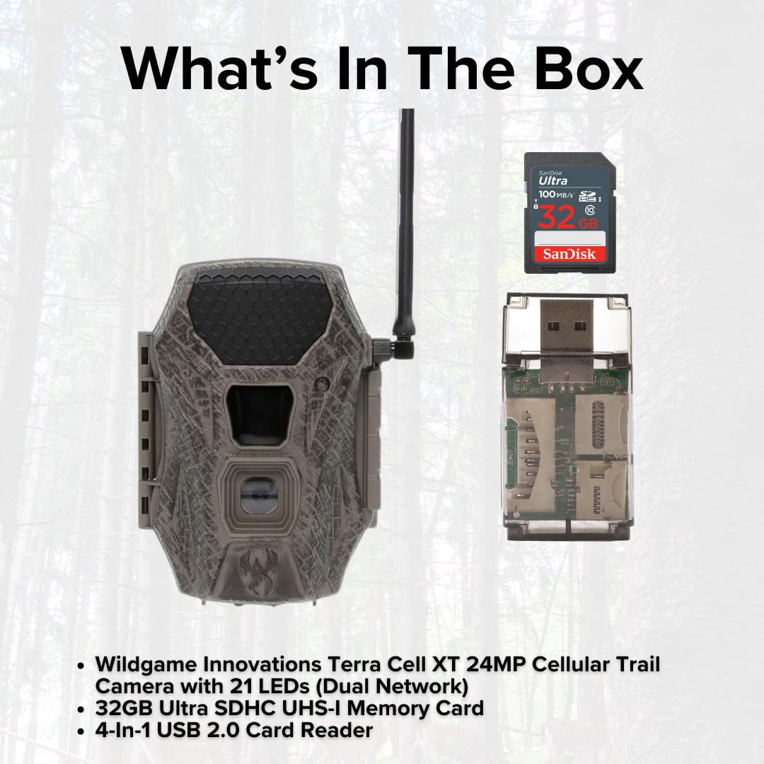 Wildgame Innovations Terra Cell XT 24MP Cellular Dual Network Trail Camera with 21 LEDs Bundle with 32GB Ultra SDHC UHS-I Memory Card and 4-in-1 USB Card Reader (Black) (3 Items)