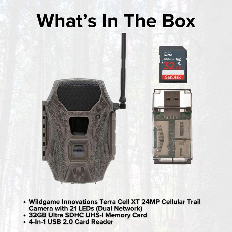 Wildgame Innovations Terra Cell XT 24MP Cellular Dual Network Trail Camera with 21 LEDs Bundle with 32GB Ultra SDHC UHS-I Memory Card and 4-in-1 USB Card Reader (Black) (3 Items)