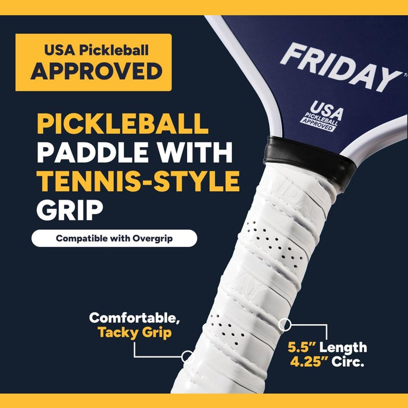 Friday Pickleball Paddle, USA Pickleball Approved, Durable Carbon Fiber, Thermoformed Unibody Design, Honeycomb Core, Gritty Surface for Spin (Blue Sky, 1 Paddle)
